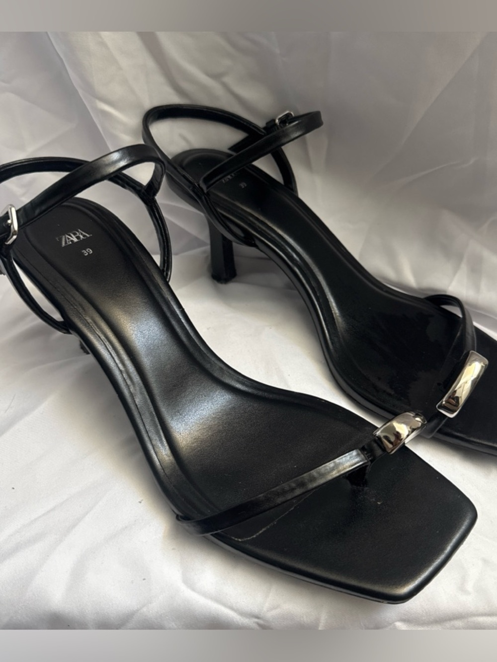 ZARA Black Minimalist Square-Toe Heeled Sandals with Silver Accent